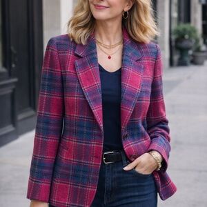 Vtg Pendleton Womens Size 10 100% Virgin Wool Blazer Fuchsia Teal Blue Plaid